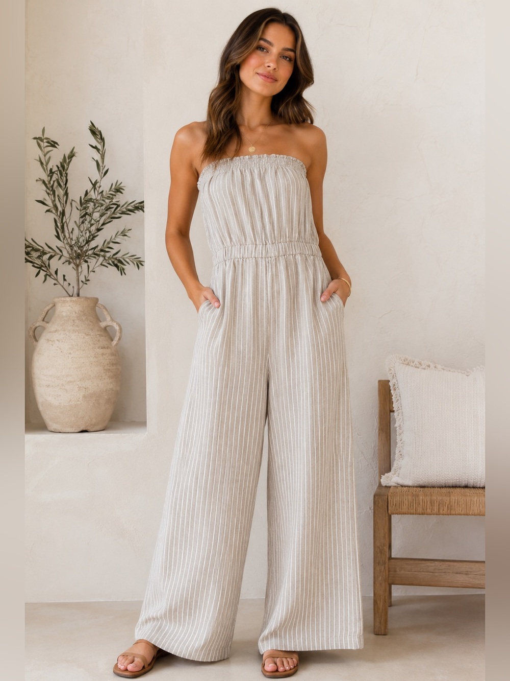 Abercrombie & Fitch Strapless Jumpsuit Womens MT‎ Tan Stripe Linen Blend